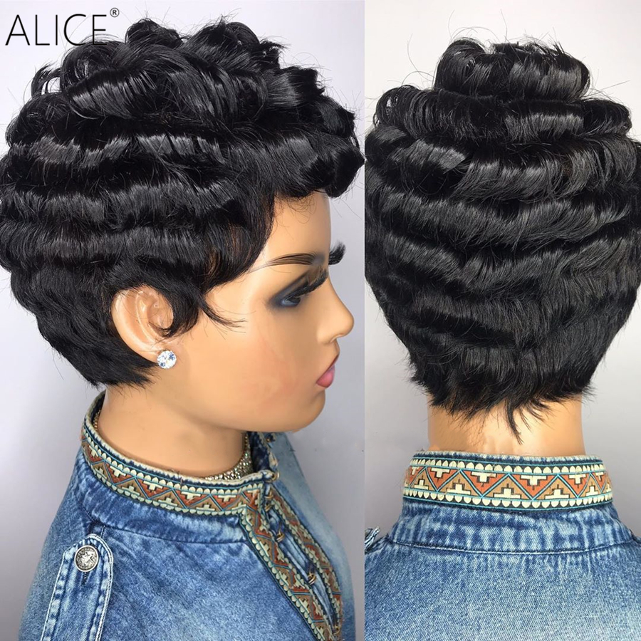 NEW short Pixie Curly none Lace Front Human Hair Wigs With Baby Hair 8'' 150% 180% Density Brazilian Remy Hair Wig For Women