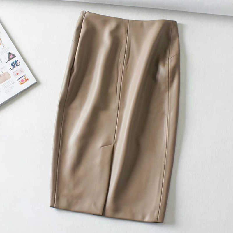 Women Sexy Soft PU Leather Pencil Midi Skirt Autumn Ladies Package Hip Back Split Faux Burgundy Coffee 210619