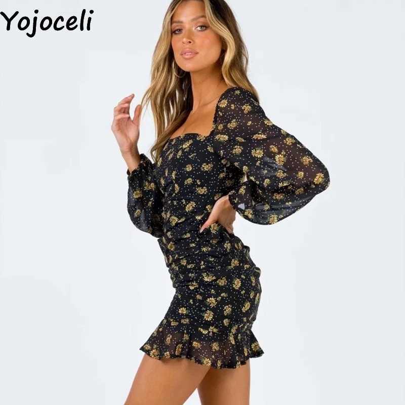 Yojoceli Elegant floral print ruffle dres Spring short chiffon beach casual Cool daily mini sexy vestidos 210609