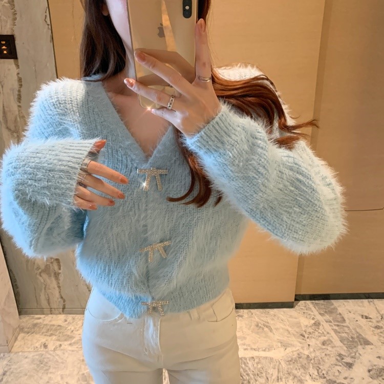 Autumn new womens v-neck rhinestone bow buttons patchwork mohair wool knitted long sleeve short sweater cardigan coat plus size SML
