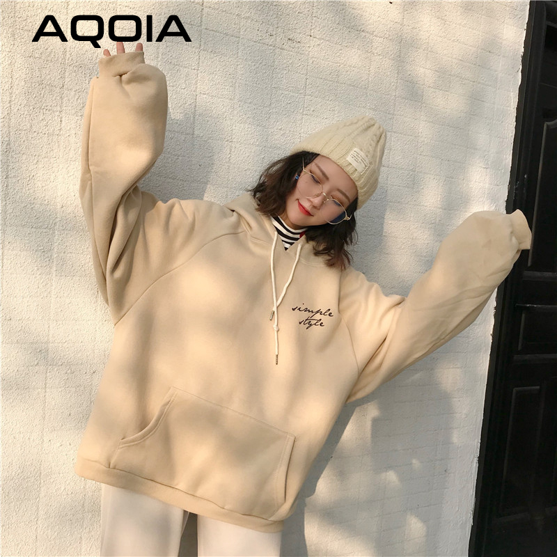 AQOIA Hoodies Women Thicker Plus Velvet Pocket Warm Soft Hooded Letter Printed Simple Loose Womens Trendy Sweatshirt Winter 201204