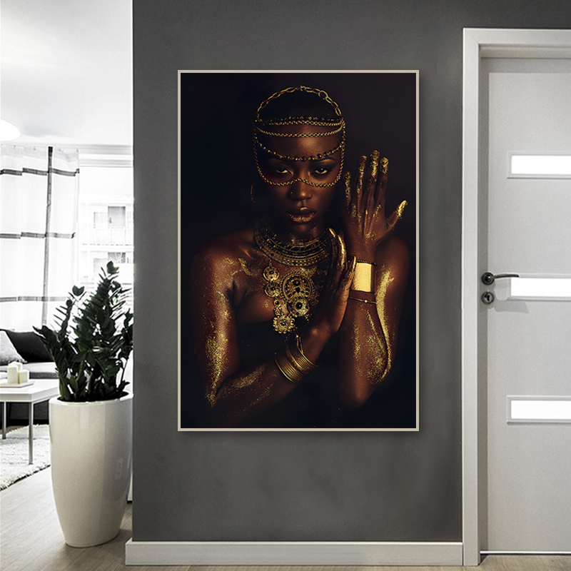African Woman Posters and Prints Black and Gold Women Oil Painting On The Wall Modern Art Canvas Picture for Living Room Cuadros