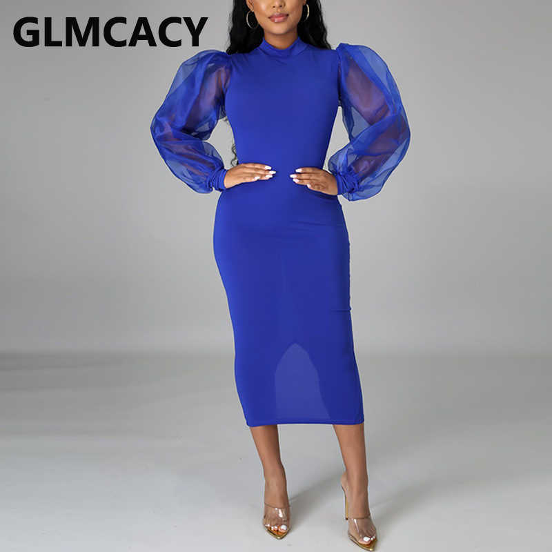 Women Mesh Lantern Sleeve Slim Midi Dress Elegant Bodycon Evening Party Long Robes Dresses 210702