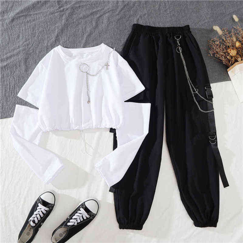 Spring Autumn Women Harajuku Cargo Pants Handsome Cool Two-piece Suit Chain Long Sleeve+Ribbon 211115