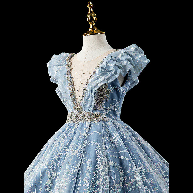 Puffy Flower Girls Dresses 3D Flower V Neck Long Sleeve Kids Teens Pageant Gowns Birthday Party Dress For Wedding long tail Gown 2021