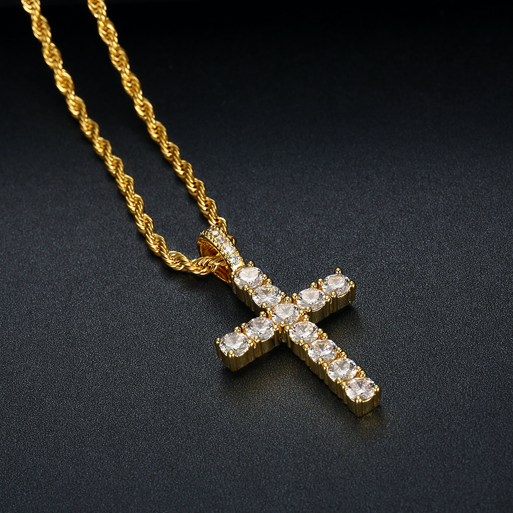 Hip Hop Stainless Steel Cross Pendant Necklace Bling White Zircon 18K Gold Plated Religious Jewelry Men Women Gift