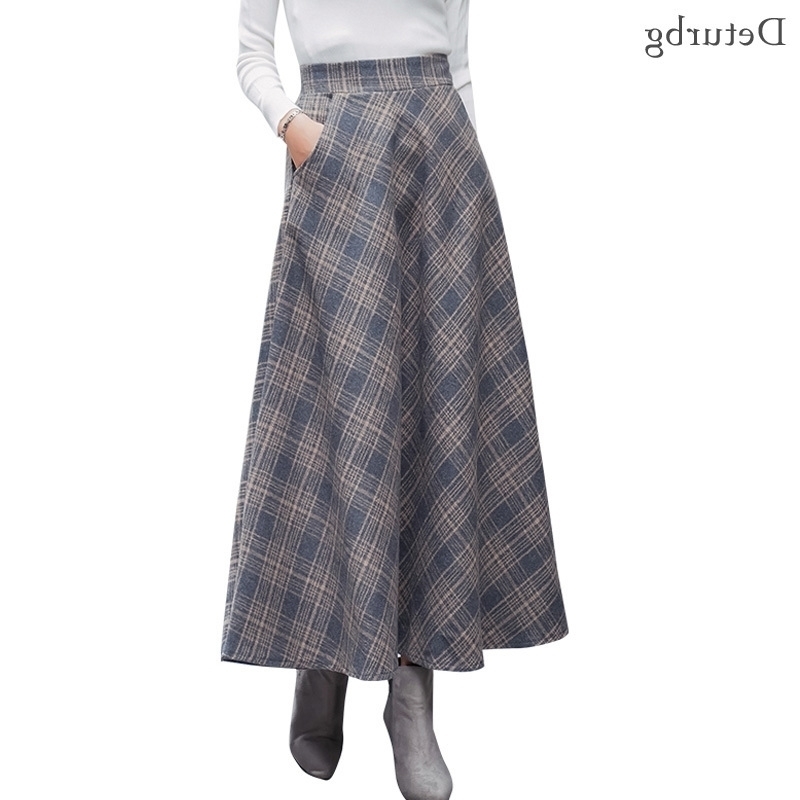 Japanese Style Vintage Plaid Long Skirt For Women Streetwear Zipper Elastic High Waist Pocket Woolen Skirts Winter SK242 T200324