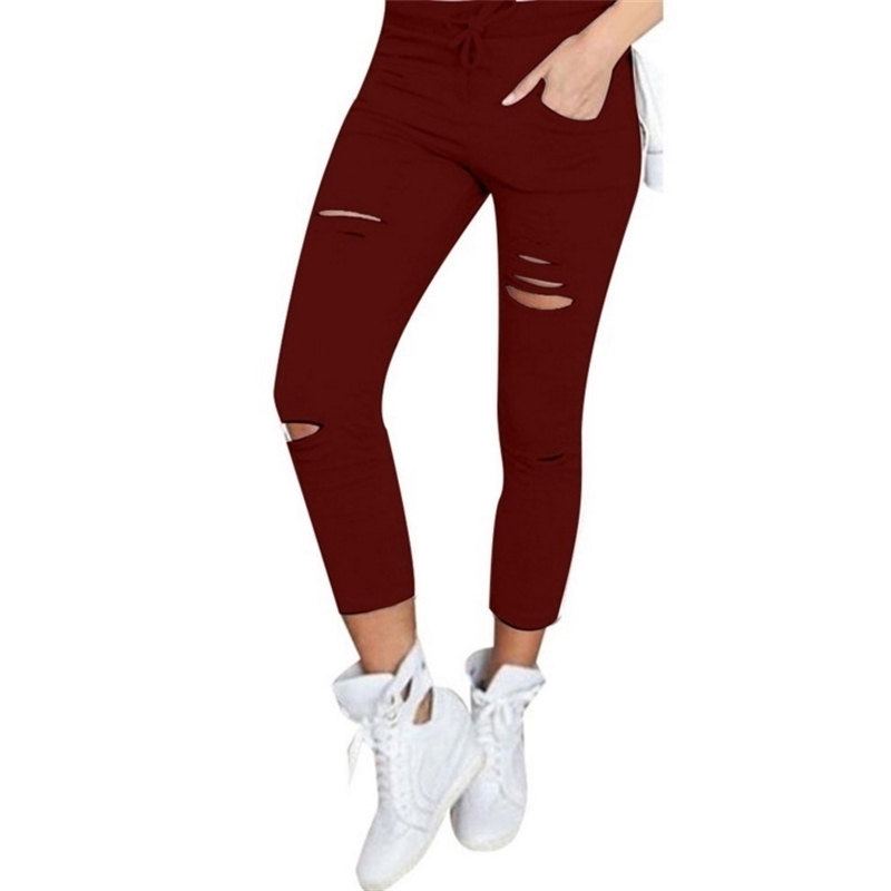 Female Trousers Women Hole Leggings Ripped Pants Slim Stretch Drawstring Trousers Pants Army Green Pants T200521