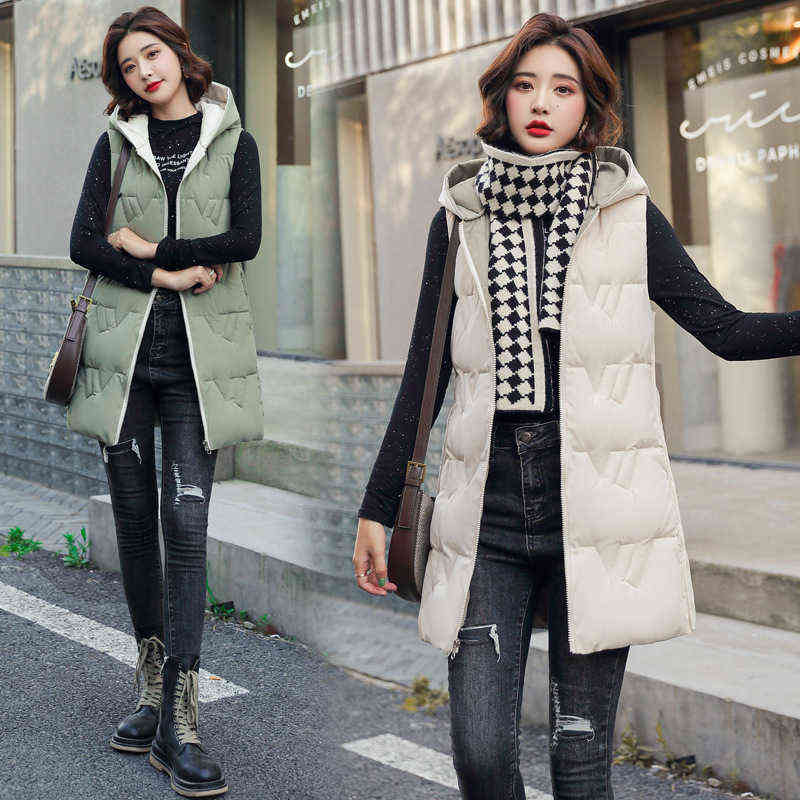 Hooded Long Winter Vest Women Sleeveless Jacket Two Sides Wear Warm Autumn Cotton Waistcoat Zipper Coat Outwear 211120
