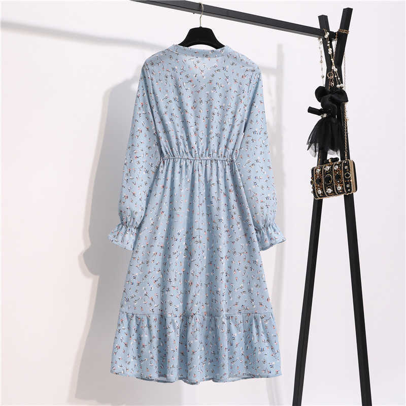 Women Casual Autumn Lady Korean Style Vintage Floral Chiffon Shirt Dress Long Sleeve Bow Midi Summer Woman 210623