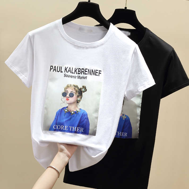 S- Women Summer T Shirts Tops applique T-Shirt Cotton Tshirt White Black Short Sleeve Vetement Femme Korean Clothes 210604
S- Women Summer T Shirts Tops applique T-Shirt Cotton Tshirt White Black Short Sleeve Vetement Femme Korean Clothes 210604