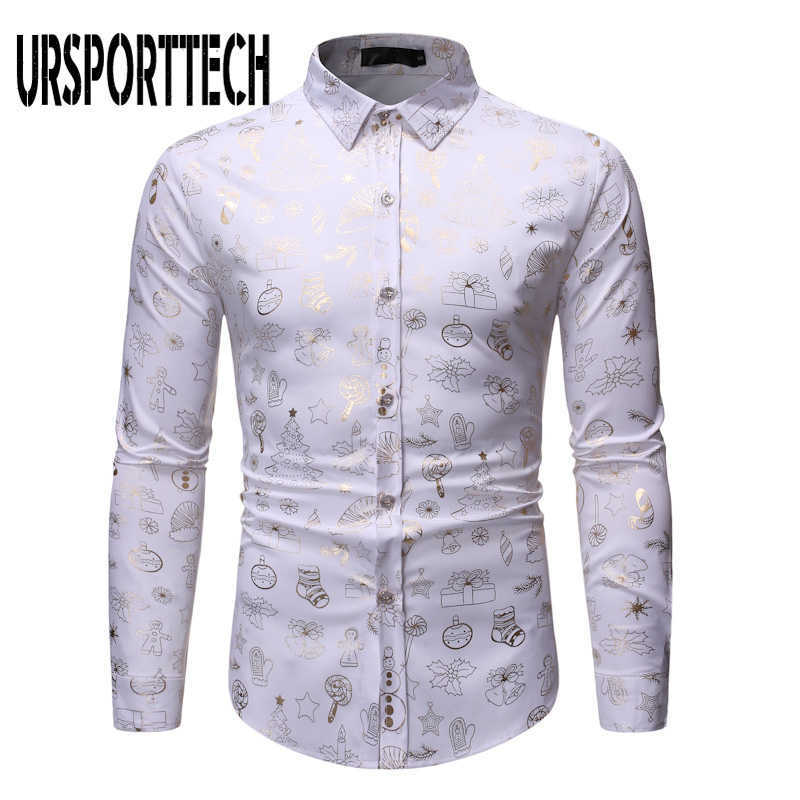 Red Christmas Shirt Men Casual Xmas Gift Printed Mens Long Sleeve Shirt Button Down Dress Shirts Top Blouses Chemise Homme 210528