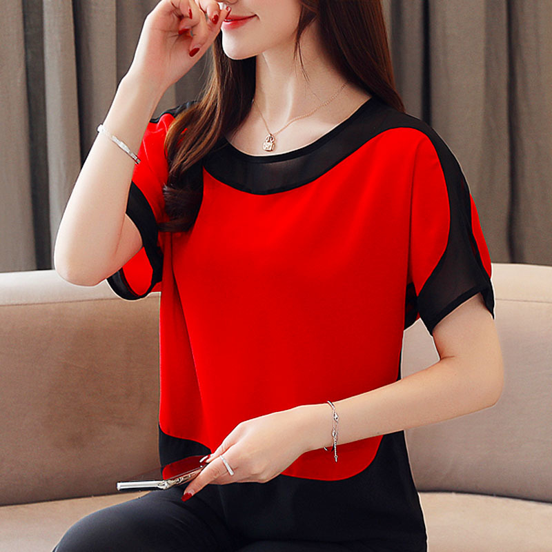 Womens Tops And Blouses Fashion Chiffon Blouse Plus Size Ladies Tops Shirts Solid Short O-Neck Batwing Sleeve 3397 50 210225