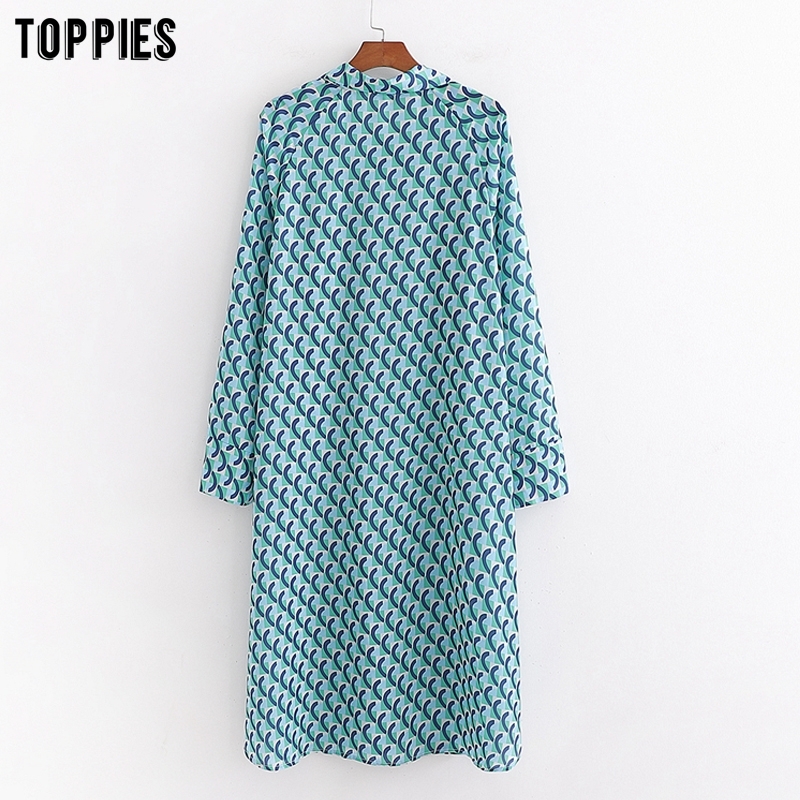 Geometric Print Shirt Women Summer Midi Dress Long Sleeve Single Breasted T200603 B4