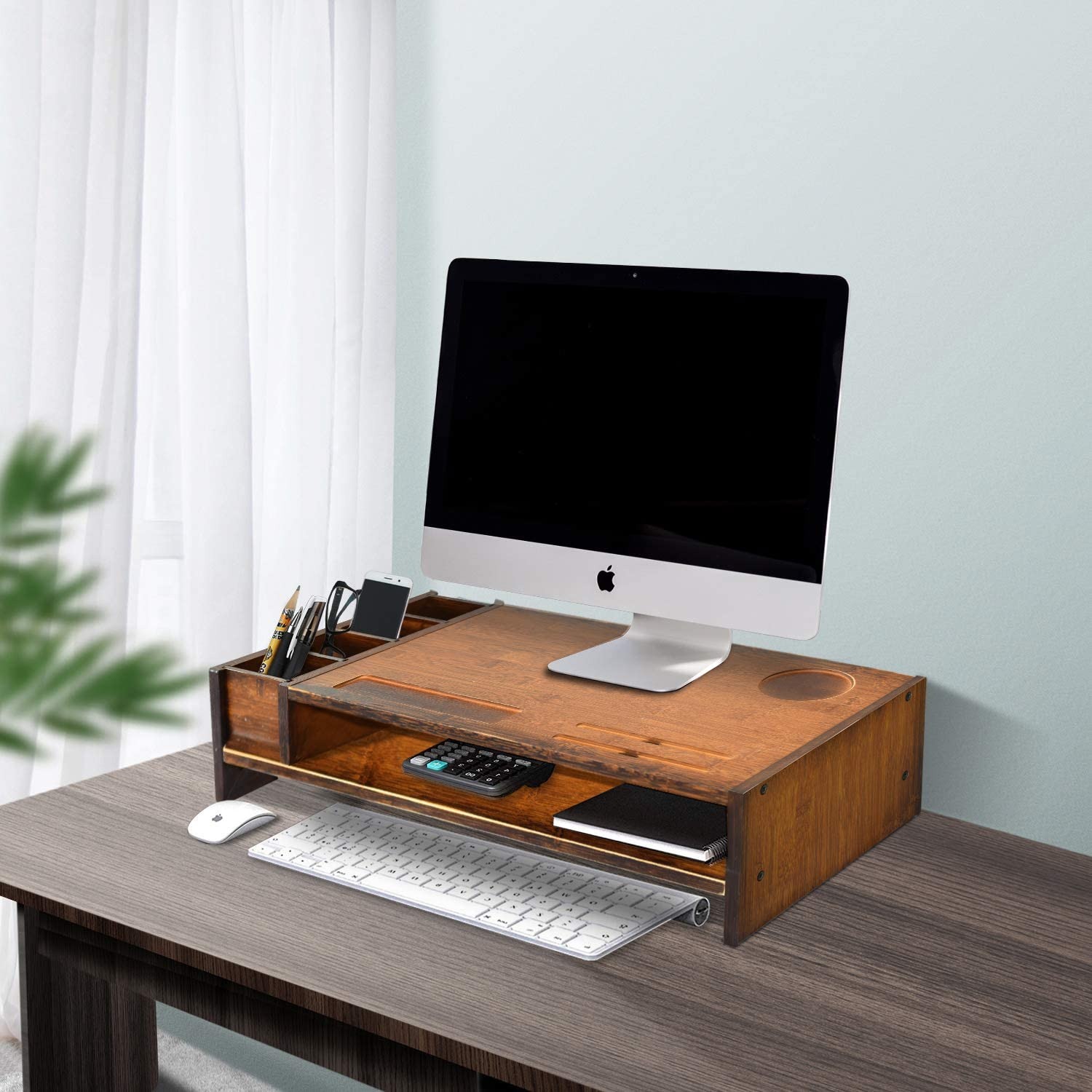 2-Tier Bamboo Monitor Stand, Wood Computer Monitor Riser, Wooden Desk Organizers with Adjustable Storage Accessories Shelf for iMac, Laptop, Printer B