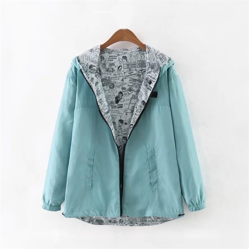 Spring Autumn Women Basic Jacket Coat Two Side Wear Cartoon Print Pocket Zipper Hooded Jackert Windbreaker Outwear Female 201017