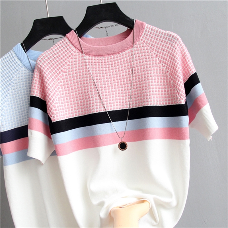 shintimes Plaid T Shirt Women Striped Tshirt Knitted Cotton Korean T-Shirt Woman Clothes Tee Shirt Femme Camisetas Mujer 210306