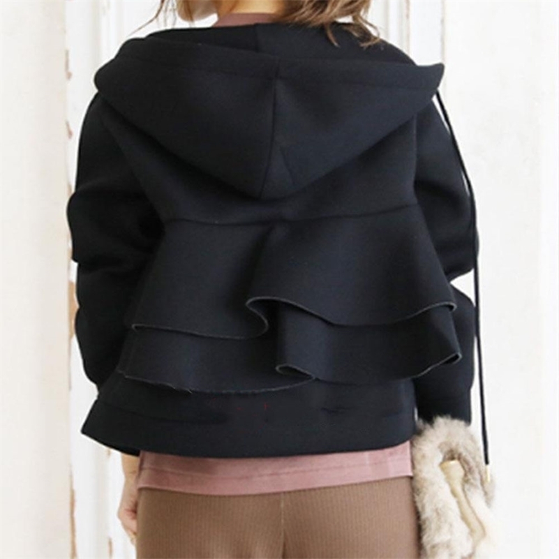 Autumn Women Hoodie Japan Style Ruffles Short Coats Zipper Hooded Falbala Solid Outwear Japan Ladies Sweatshirt Casual Top 201209