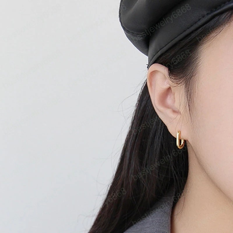 New S925 Silver Color Retro Metal Geometric U-shaped Oval Small Stud Earrings for Women Girls Jewelry
