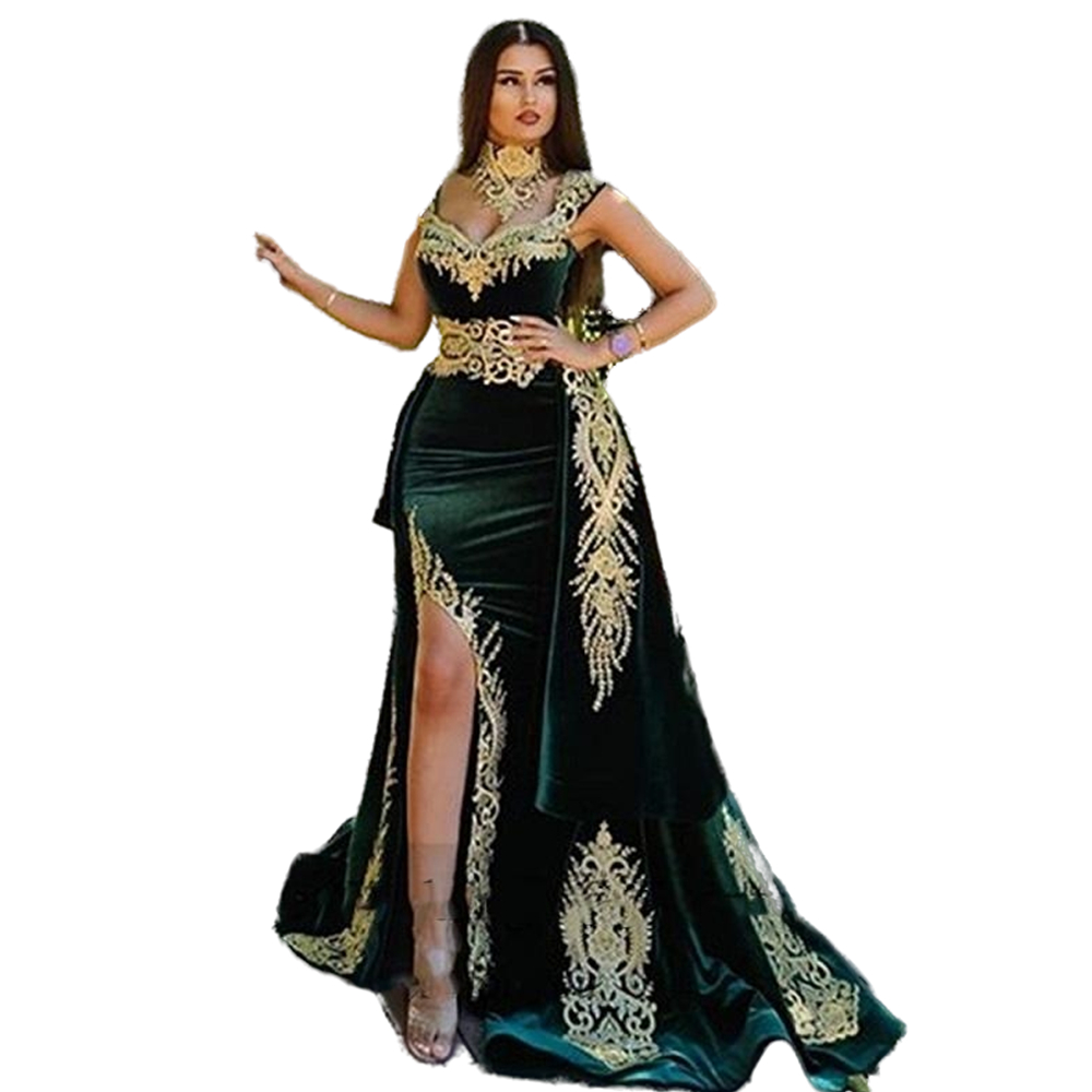 Amazing Mermaid Evening Dresses Removable Overkirt Side Split Arabic Dubai Turkey Women Prom Dress Appliques Pattern Lace High Neck Formal Reception G