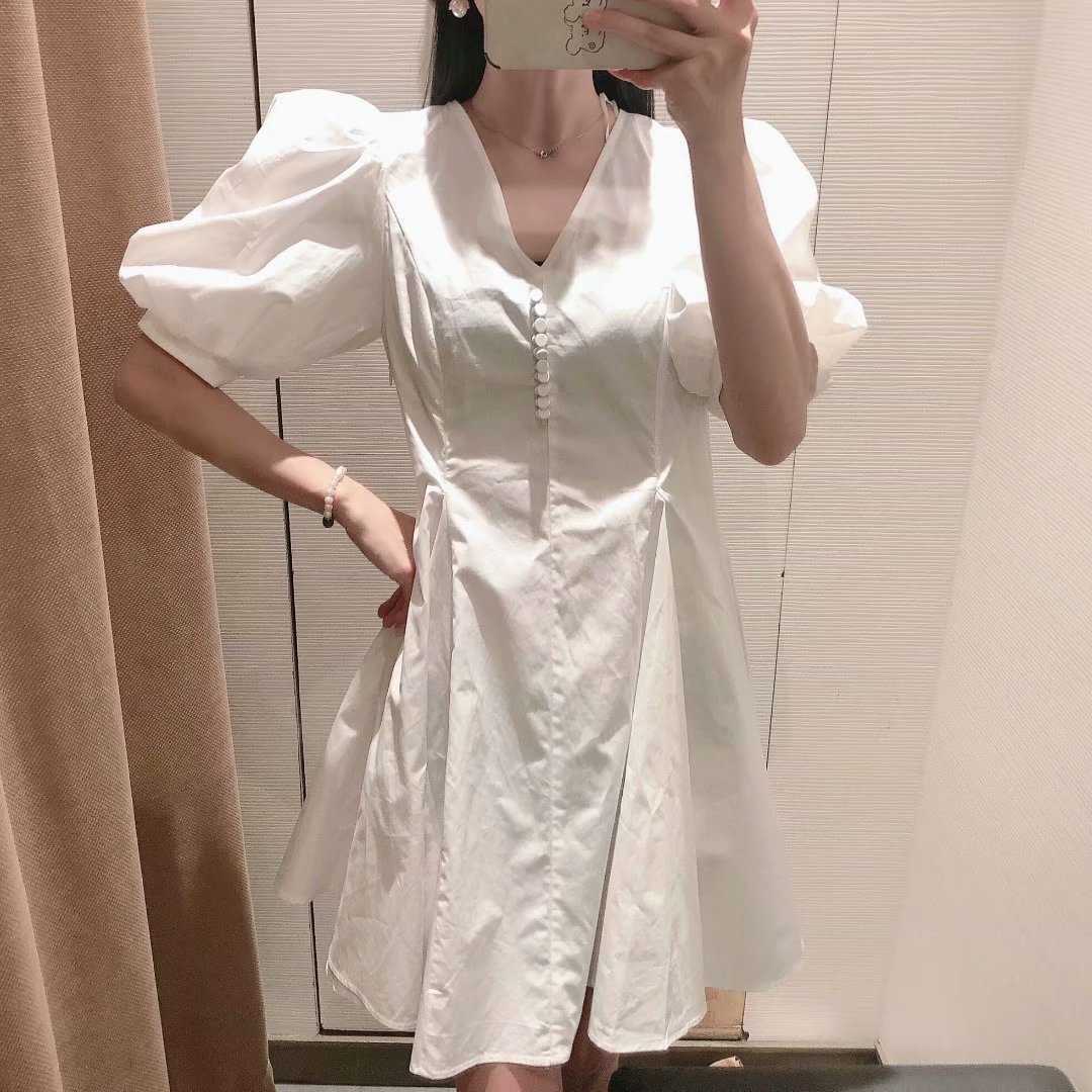 Summer Dress Women Puff Sleeve Dress elegant Casual Fashion Chic Lady Woman Vintage Dresses Robe Femme 210709