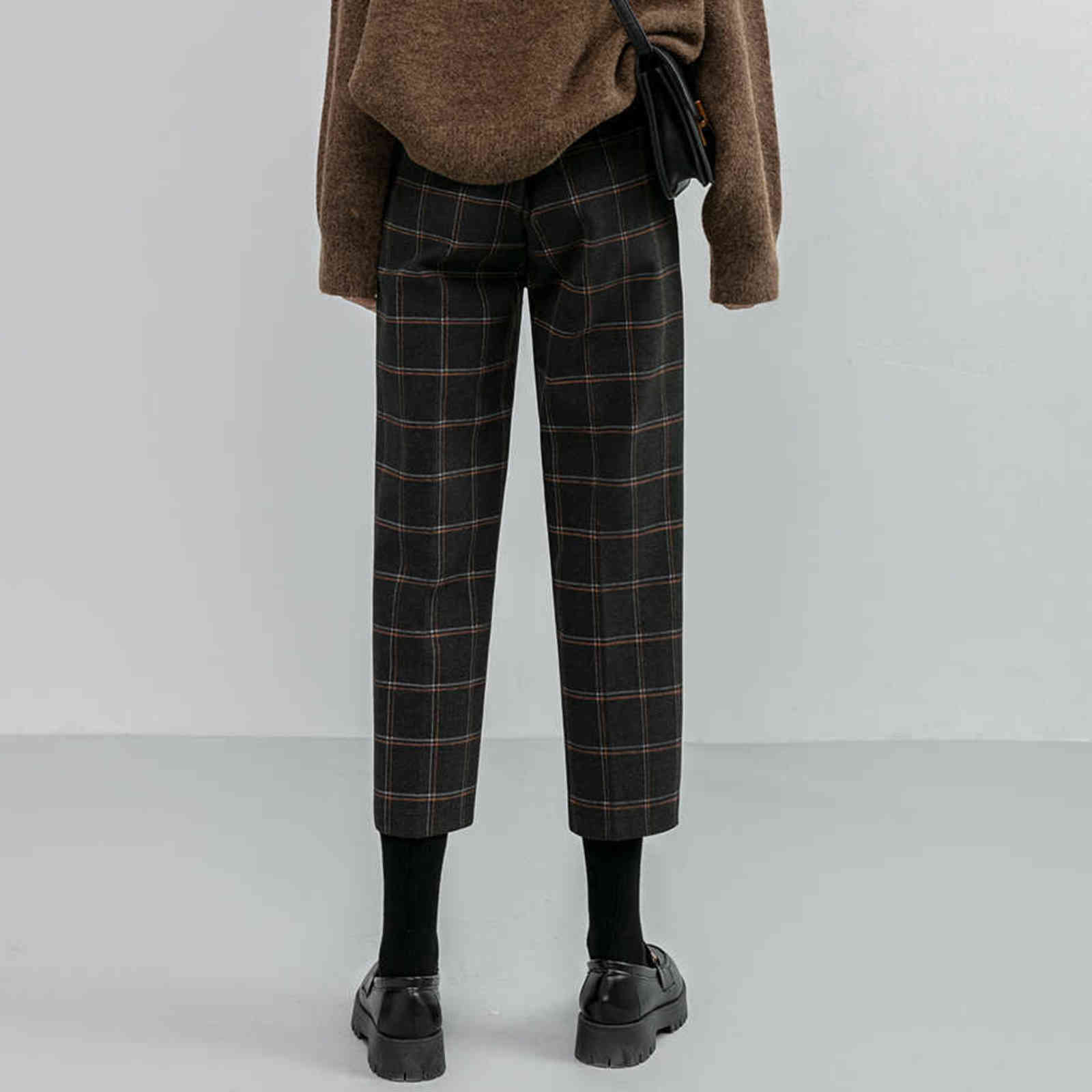 Chic Woolen Plaid Autumn Winter Women's High Waist Formal Straight Pants Loose Ankle-Length Female Boots Plus Size 211115