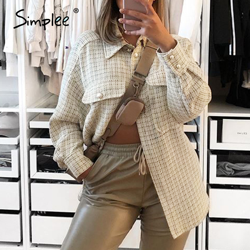 Simplee Elegant Pearl Tweed Plaid Shirt Women Autumn Winter Casual Loose Oversized Long Shirt High Street Fashion Women's Blouse 210225