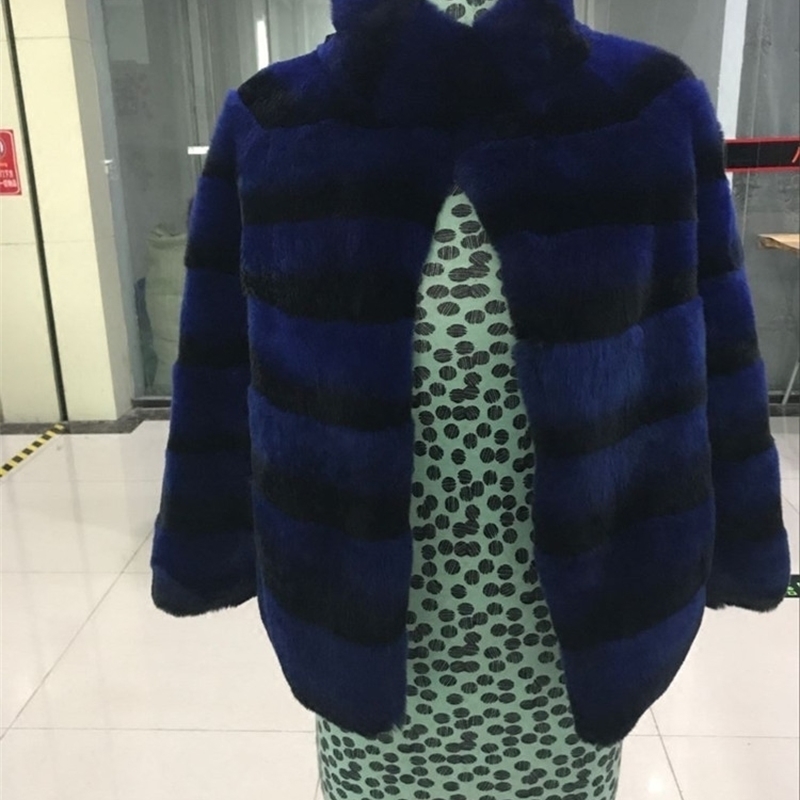 natural chinchilla Rex Rabbit fur coat jacket short overcoat stand collar striped outerwear coats women's winter clothing T200319