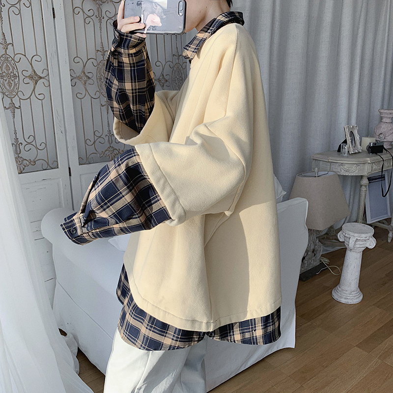 Men's Two Paper Piece Coats Lattice Printing Tide Hoodies Cotton Clothes Casual Pullover Balck/Apricot Color Sweatshirts 201103