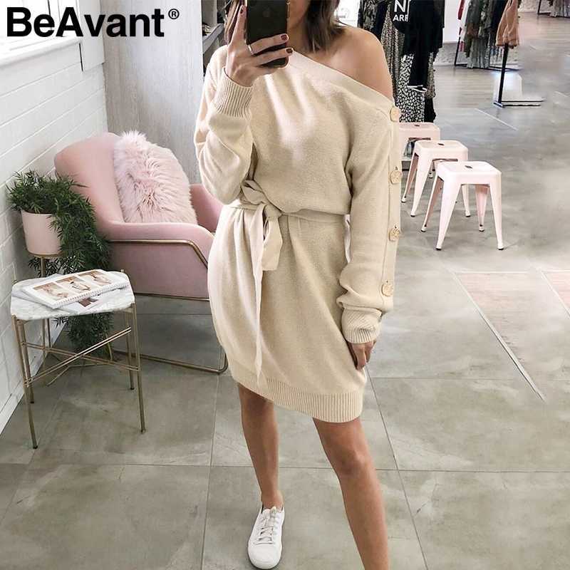 BeAvant Elegant one shoulder knitted dress women Fashion buttons sash female autumn dresses Casual loose winter ladies vestidos 210709