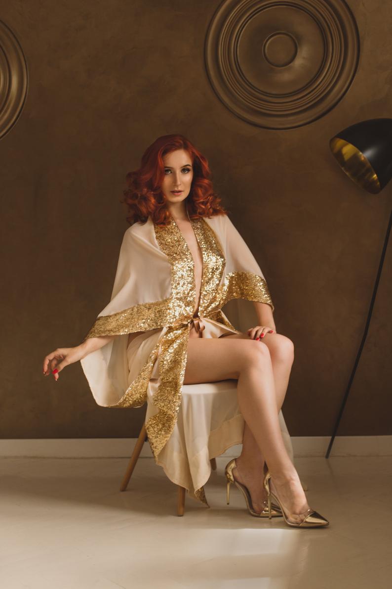 sexy deep v neck sleepwear photography props gold sequined bridal robes long sleeve women nightgowns