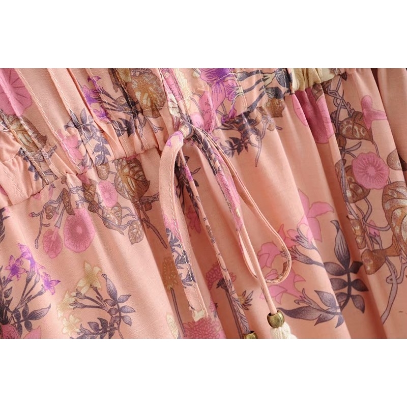 Vintage chic women floral print long sleeve v-neck ruffles beach Bohemian dress tassel rayon mini Boho dress vestidos T200320