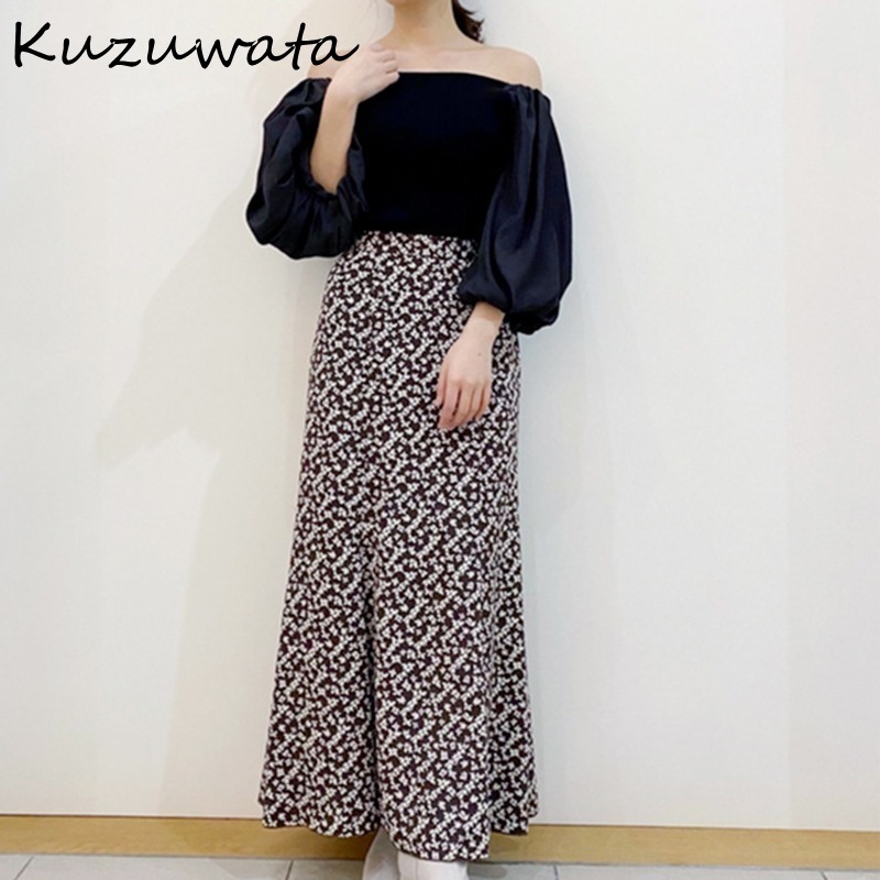 Kuzuwata Vintage High Waist Print Trumpet Skirt Spring Summer Simple Women Skirts Japan Style Elegant Temperament Jupe 210306