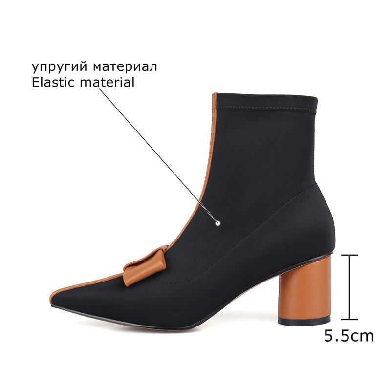 ALLBITEFO fashion sweet bowtie Elastic material barnd high heels ankle boots for woemn thick heels winter snow women boots 210611