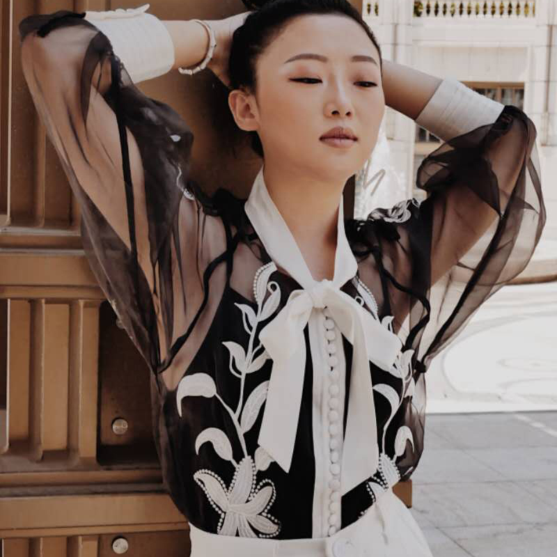 Floral Embroidery Sheer Shirt Summer Clothes Women Bandage Tops Long Lantern Sleeve Vintage Ladies Blouse Korean 210225