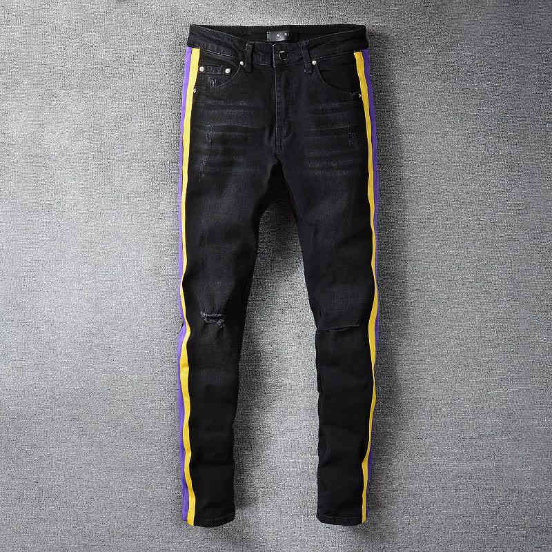 Streetwear Yellow Purple Striped Jeans Men Black Slim Ripped Fashion Brand Jeans Pants Casual Hip Dance Four Season Pants, Black 682
Streetwear Yellow Purple Striped Jeans Men Black Slim Ripped Fashion Brand Jeans Pants Casual Hip Dance Four Season Pants, Black 682