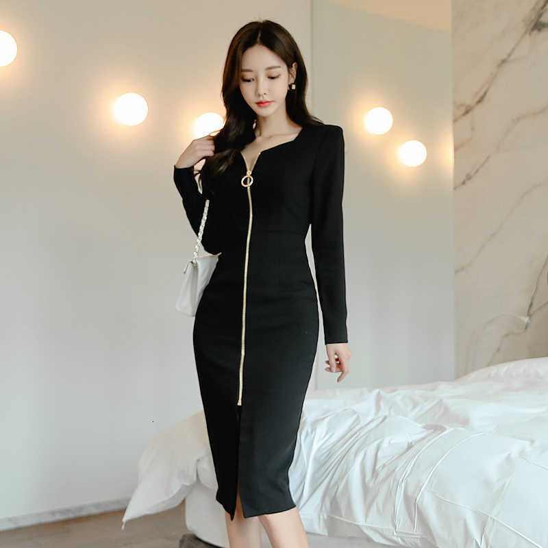 Autumn Winter Long Sleeve Front Zipper up Midi Bodycon Dress Women Black V Neck Slim Casual Office Work Pencil 210603