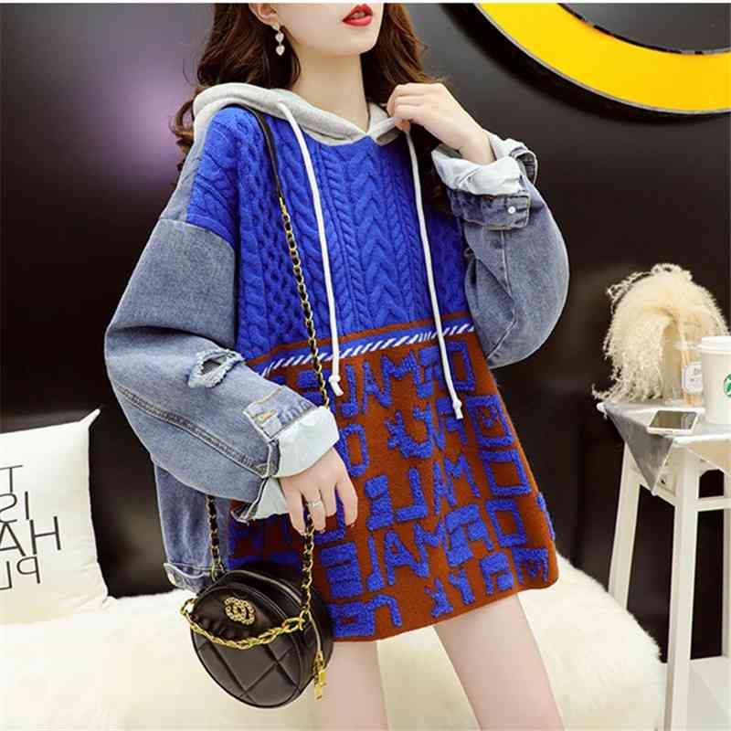 Denim stitched sweater coat women's autumn winter 2021 Korean version new loose hooded design top, Black
Denim stitched sweater coat women's autumn winter 2021 Korean version new loose hooded design top, Black