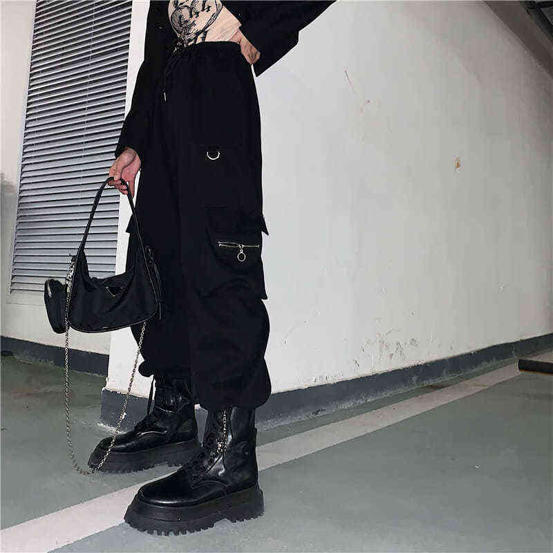 HOUZHOU Techwear Black Cargo Pants Women Hippie Streetwear Punk High Waist Korean Style Oversized Trousers Female Sweatpants 211112wtt