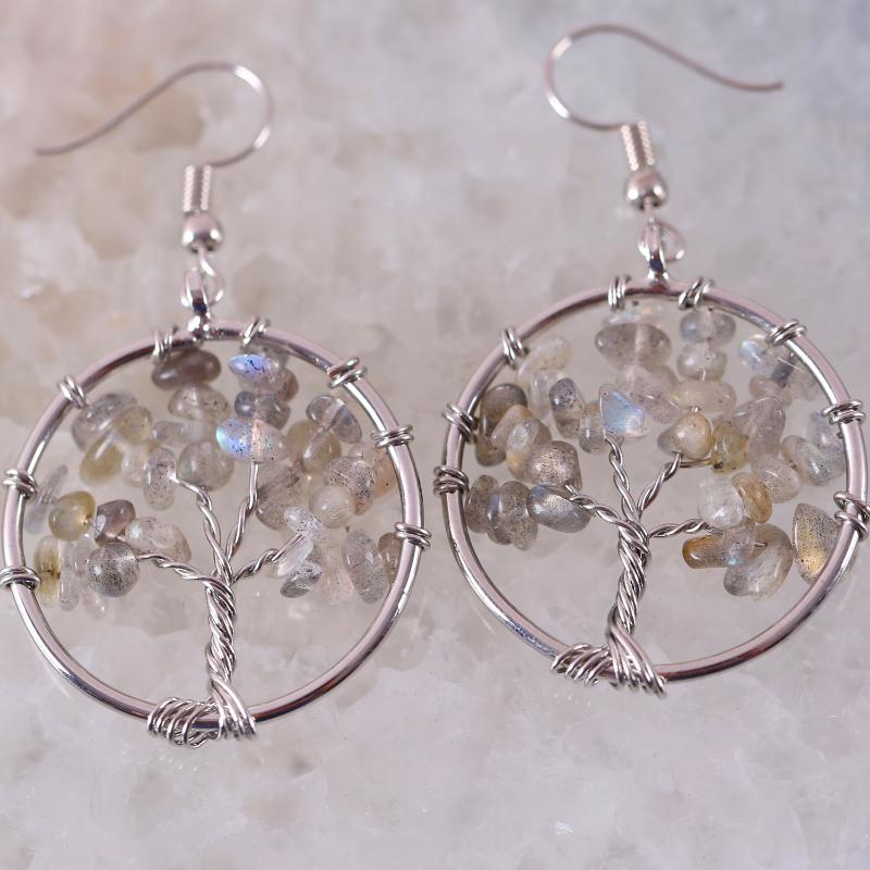 Dangle & Chandelier Natural Stone Gray Labradorite Handmade Jewelry For Women Tree Of Life Earrings 1Pair