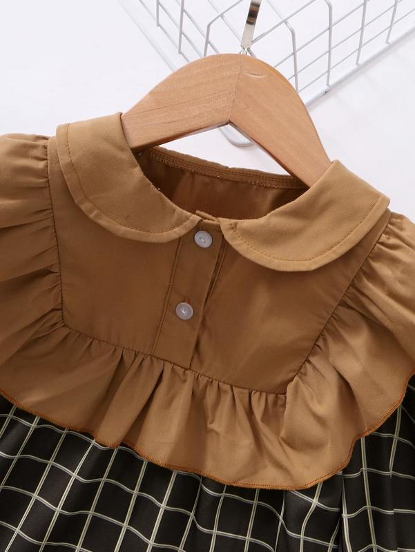 Toddler Girls Windowpane Print Contrast Panel Ruffle Trim Dress SHE
