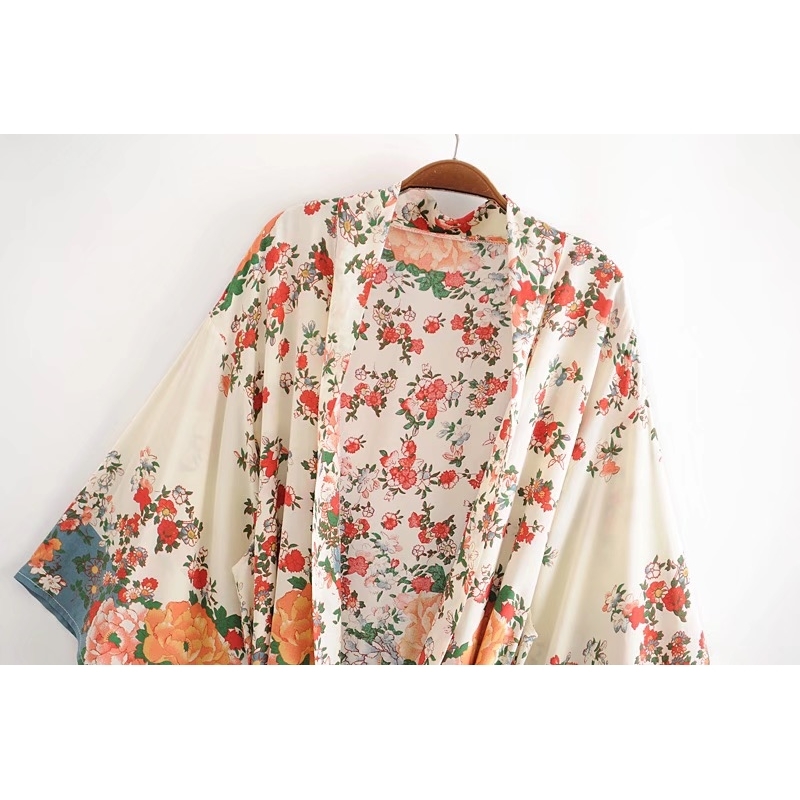 BOHO Location Floral Print Long Kimono Shirt Beige Hippie Women Lacing up Tie Bow Sashes Long Cardigan Loose Blouse Tops Holiday 210225