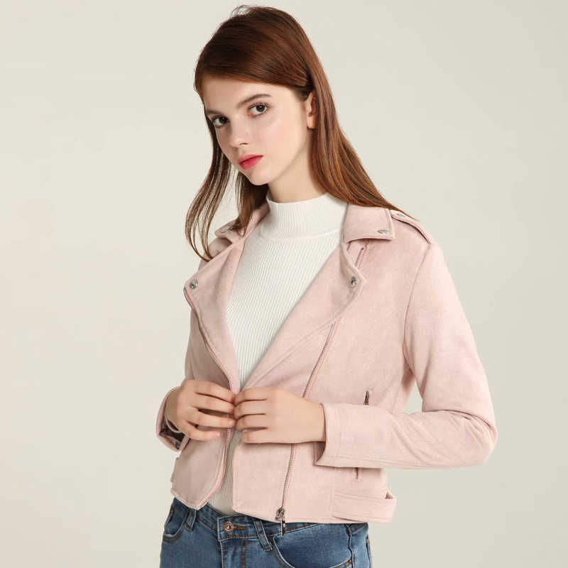 Ly Varey Lin Women Autumn Winter Suede Faux Leather Jacket Motorcycle Zipper Biker Coat Pink Red Black Punk Female Outwear 210526