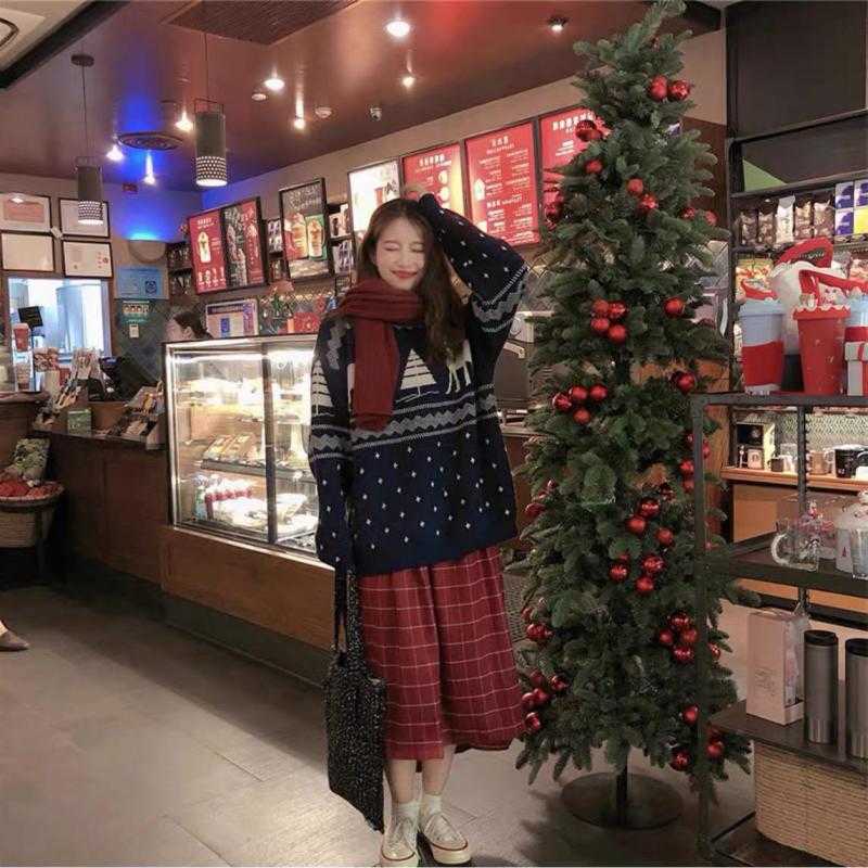 Yedinas Winter Christmas Deer Sweater Women Knitted Jumper Female Elk Print Sweaters Woman Pullover Knit Red Top Oversize 210527