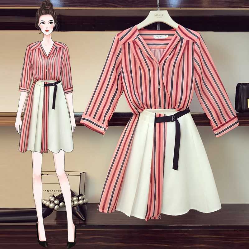 Women 2 Piece Set Summer Striped Chiffon shirt Tops + High Waist Button Mini Skirts Set 210708