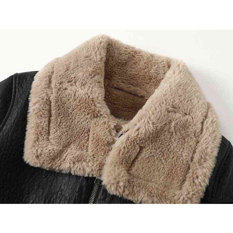 Fashion Faux Fur Coat Women Fur Collar Leather Thick Warm Plush Outerwear Winter Ladies Wool Coats Zipper Cropped Jacket 211130