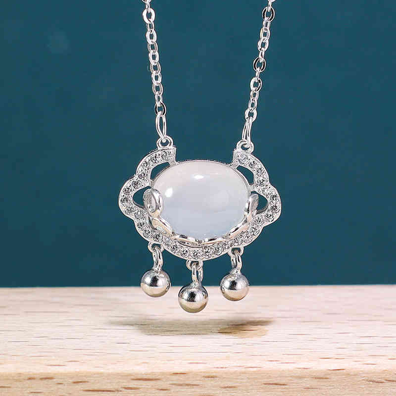 S925 Silver Japanese and Korean White Jade Pith Long Life Lock Necklace Water Drop Temperament Auspicious Cloud Safe Clavicle Chain