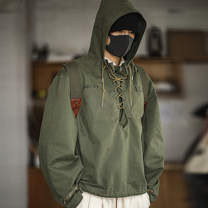 Madden male Hooded Pullover Long Sleeve Deck Parker Jacket Drawstring Neckline Workwear Jacket Green Cuffs Ribbon Closure Jacket 201113