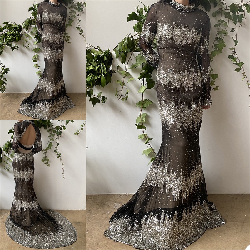 Luxury Sliver Mermaid Prom Dresses Real Image Long Sleeves Evening Dresses Sequins Beads Appliqued Sweep Train Custom Made Pageant Gown