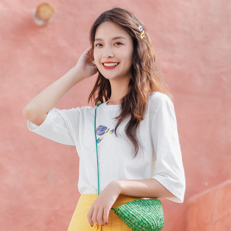 INMAN Summer New Arrival Cotton Literary Fruit Print Loose Casual Fashion Half Sleeve Tshirt T200614